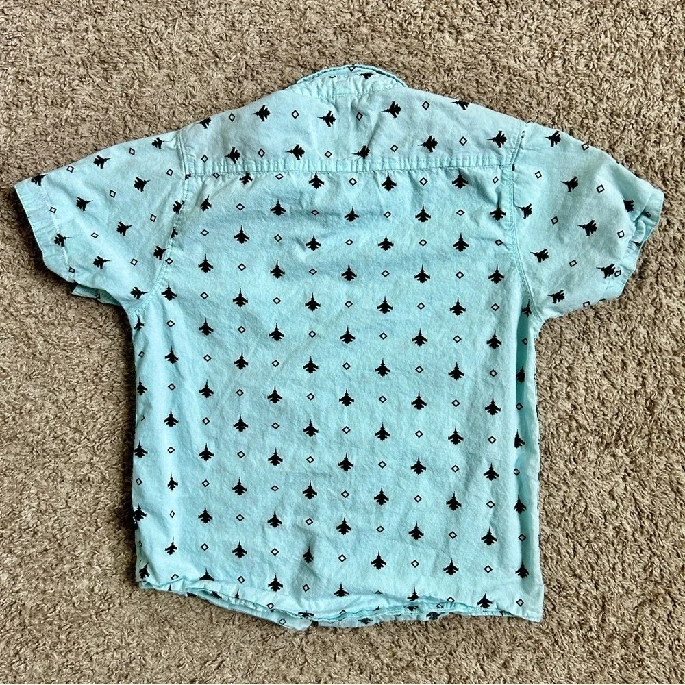 Sunrise Kingdom Boys Light Blue Fighter Jet Print Button Down Shirt Size M 10-12